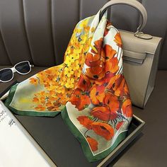 100% Silk Mulberry 27" Square Scarf Women Vintage Neckerchief Wrap Orange Flower Elegant Evening Wear, Polyester Scarf, Beg Tangan, Scarf Casual, Outfit For Women, Casual Hairstyles, Scarf Women, Floral Scarf, Shoe Lace Patterns