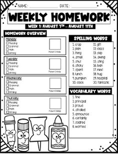 the weekly homework worksheet for kids