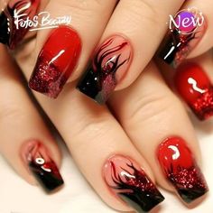 Flames Nails Designs, Christmas Nails With Glitter, Flames Nails, Fake Nails With Glue, Nails For Women, Girls Nails