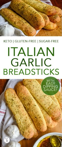 italian garlic breadsticks on a cutting board