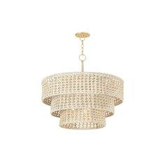 a white chandelier hanging from the ceiling with gold chains and lightshades