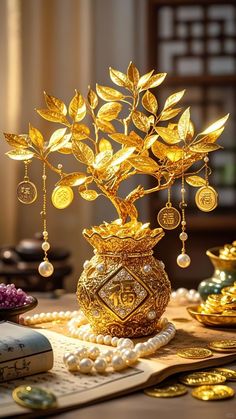 a gold tree is sitting on top of a table next to some coins and pearls