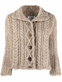 Champagne-beige chunky-knit wool cardigan from Maison Margiela featuring chunky knit, stand-up collar, front button fastening, long sleeves and raw-cut hem. | Maison Margiela Chunky-Knit Wool Cardigan Luxury Knit Outerwear For Fall, Luxury Knitted Outerwear With Shawl Collar, Luxury Knit Cardigan With Ribbed Cuffs, Luxury Fine Knit Outerwear, Luxury Cotton Knitted Cardigan, Luxury Textured Knit Crew Neck Cardigan, Luxury Tweed Cardigan For Winter, Luxury Fitted Hand Knitted Outerwear, Luxury Hand-knitted Women's Outerwear