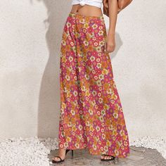 Wide Leg Pants, Retro Pants, Wide Leg Pants Women, 70s Style Pants,70s Inspired, Pink Wide Leg Pants, Floral Pants, Hippie Pants, Boho Pants Designed in California, Hand sewn overseas I designed this for those who loves the 70s boho hippie style. Super cute neon floral print. I am designing a matching top as well. Great for every day wear or at the beach or any fun parties. Pair it with platform chunky heels, for a super funky style. Hope you enjoy my designs. Material: Made of 100% polyester. S Spring Wide Leg Bottoms With Retro Print, Wide Leg Bottoms With Retro Print For Spring, Wide-leg Bottoms With Retro Print For Spring, High Waist Retro Summer Bottoms, Casual Wide Leg Pants With Retro Print, Wide Leg Bottoms With Retro Print For Summer, Retro Wide Leg Bottoms For Spring, Retro Trousers For Spring, Vintage High Waist Non-stretch Pants