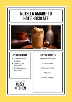 the menu for nutella amarettoo hot chocolate