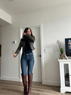 knee high boots, outfit inspo, fall outfit inspo, winter outfit inspo, leather jacket, skinny jeans, knee high boots, brown knee high boots, heeled boots, bombshell hair, blowout hair,  brunette, 2000s style Burgundy Red Boots Outfit, Outfits With Brown Thigh High Boots, Brown Boot Outfit Ideas, Black Knee Length Boots Outfit, Long Knee High Boots Outfits, Outfits With Black High Boots, Knee High Boots Outfit With Pants, Long Boots Fall Outfits, How To Style Brown Knee High Boots