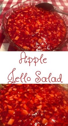 an image of a pie with strawberries in it and the words apple jello salad