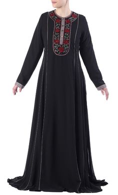 Floral embroidered neckline and sequins buttoned flared abaya dress - EastEssence.com Elegant Black Abaya With Modesty Panel, Elegant Long-sleeved Dabka Abaya, Elegant Long Sleeve Abaya With Dabka, Elegant Black Abaya With Floral Embroidery, Elegant Long Dress Abaya For Eid, Festive Elegant Abaya With Floral Embroidery, Modest Floral Embroidered Abaya For Eid, Elegant Embroidered Black Abaya, Elegant Embroidered Floor-length Abaya