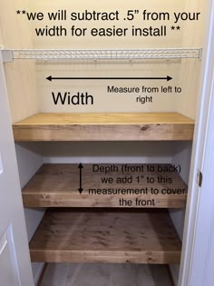 an empty closet with shelves and measurements to fit the widths in front of it