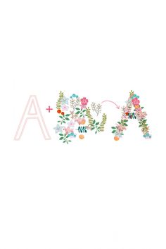 the word art is made up of flowers and leaves on a white background with pink letters