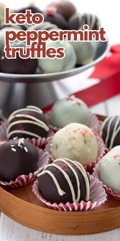 keto peppermin truffles on a wooden tray