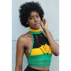 Handmade crochet Jamaican high neck choker top. 100% Acrylic. Trendy Spring Party Crochet Top, Trendy Crochet Top For Party, Trendy Fitted Crochet Top For Party, High Neck Green Top For Summer, Green High Neck Top For Summer, Chic High Neck Crop Top For Summer, Green High Neck Summer Top, Chic Stretch Crochet Crop Top, Chic Fitted Crochet Top For Festival