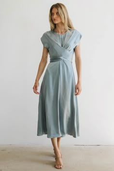 Rosalind Midi Dress in Blue | böhme Womens Cocktail Attire, Blue Casual Dresses, Blue Satin Midi Dress, Denim Jumpsuit Overalls, Bat Mitzvah Dresses, Perfect Black Dress, Blue White Weddings, Picnic Dress, Trendy Patterns