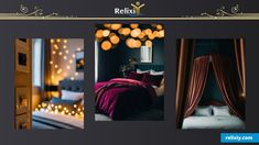 three different pictures of a bedroom with lights on the wall and bed in the middle