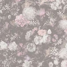 a floral wallpaper with pink, white and purple flowers on grey background in an upclose photo