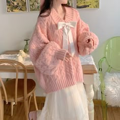 size: S, Color: Pink With Bowknot Pink Lanterns, Pull Rose, Bow Sweater, Cardigan Vintage, Estilo Preppy, Korean Casual, Style Preppy, Pretty Style, Pink Outfits