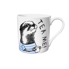 a coffee mug with an image of a beaver holding a cup