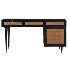 a black desk with two drawers and wicker handles