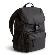 a black backpack on a white background with clippings to the front and side