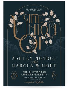 the union club wedding card with gold lettering and leaves on black, featuring an ornate frame