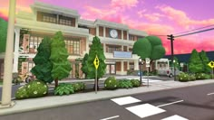 an animated city street scene with trees and buildings