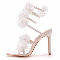 Details: Style:?Elegant, Sexy Embellishment: Appliques Heels Type: Stiletto Heel height: 4.13inch Closure Type: Slip-On Toe: Open Toe? Upper Material: PU Leather Sole Material: Rubber Lining Material: PU Leather White Sandals With 4-inch Heel For Prom, White Fitted Heels For Summer, Fitted White Summer Heels, Summer White Fitted Heels, White Round Toe Heels For Party, White Sandals For Events With Round Toe, White Ankle Strap Wedding Shoes In Synthetic, White Sandals For Summer Prom, White Round Toe Sandals For Events