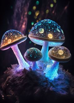 three glowing mushrooms sitting on top of a rock