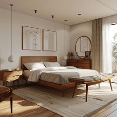 a bed room with a neatly made bed and wooden furniture