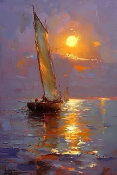 a painting of a sailboat in the ocean at sunset