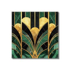 an art deco painting with gold and green accents