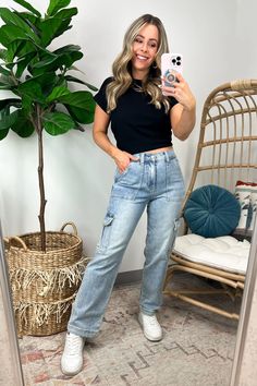 Clarasi High Rise Cargo Jeans · Madison + Mallory Cargo Jeans Outfit Women, High Rise Cargo Jeans, Cargo Jeans Outfit, Cargo Outfit, Jeans Outfit Fall, Jeans Outfit Women, Cold Outfits, Everyday Fashion Outfits, Women Cargos