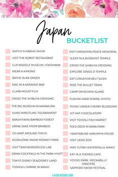 the japan bucket list with pink flowers on it