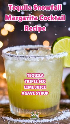 tequila snowball margarita cocktail recipe in a glass with lime and sugar on the rim