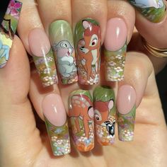 Bambi Nail Art, Jungle Book Nails, Bambi Nails Disney, Cartoon Nail Ideas, Dumbo Nails, Character Nail Designs, Cartoon Looking Nails, Jungle Book Nail Art, Bambi Nails