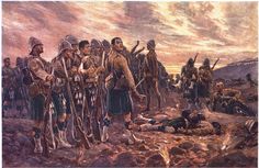 a painting of men dressed in kilts standing next to each other on the ground