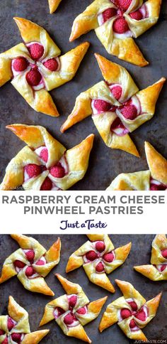 raspberry cream cheese pinwheel pastries on a baking sheet with text overlay