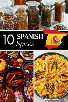 various spanish dishes with the title overlaying 10 spanish spices and food in jars