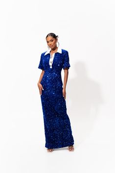 DAYA Sequin Maxi Dress in SAPPHIRE Blue Sleeveless Sequin Maxi Dress, Luxury Contrast Sequin Maxi Dress, Luxury Blue Sequined Maxi Dress, Floor-length Contrast Sequin Maxi Dress, Blue V-neck Sequin Evening Dress, Sequin Maxi, African Inspired Clothing, Sequin Maxi Dress, Sequin Fabric