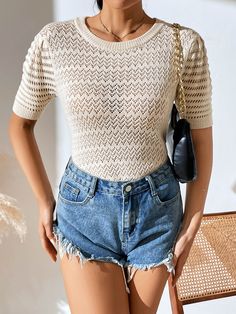 Get a perfor-mazing look with this Delphina knit top! A creamy delight boasting a perforated design, it'll be your go-to for any occasion and will make you look totally bella! Suitable for any stylish wardrobe, this top won't let you down. Size Guide: Influencer is 5’5” tall, and has a 33.4” bust, 24.7”waist, & 36.9” hips. She is wearing a S / US 4 / AU 8. This top is true to size. Material: 50% Viscose, 30% Polyester, 20% Acrylic. Key Features: Short sleeves. Crew Neckline. Soft Knit Fabricatio Jumper Crochet, Plus Size Cosplay, Sleeveless Dresses Casual, Solid Color Sweater, Color Crew, Push Up Swimsuit, Printed Tankini, Color Sweater, Short Lace Dress