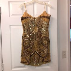 This Fully Gold Crystal Beaded Dress Is Excellent For Any Fancy Cocktail Party Or Holiday Party. The Dress Retails For Over $500 And It Fits Like A Size 4 Although It Is A Size 10. It Falls Above The Knee And Is Very Slimming And Greatly Sparkly !!! You Will Make A Heck Of An Entrance ! Golden Birthday Dress, Fancy Cocktail Party, Gold Beaded Dress, Evening Cocktail Dress, Gold Dresses, Sherri Hill Dresses, Cocktail Evening Dresses, Evening Cocktail, Sherri Hill