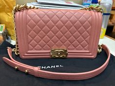 Chanel Quilted Medium Boy Flap Shoulder Bag Pre owned Pink Lambskin Serial #243***** Includes dust bag Chanel Handbags Pink, Pink Chanel Bag, Pink Chanel, Bag Boys, Celine Bag, Chanel Bags, Chanel Boy, Handbags Online, Gucci Handbags