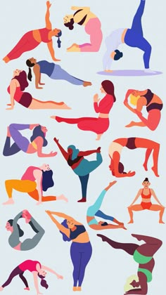 an image of people doing yoga poses in different colors and sizes, all with their hands together