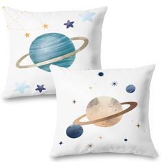 two pillows with the planet and stars on them