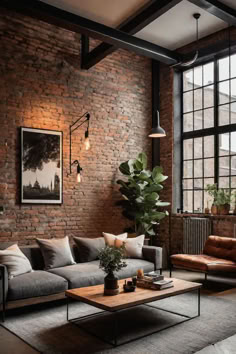 an industrial living room with brick walls and exposed ceilings, leather couches, potted plants and large windows