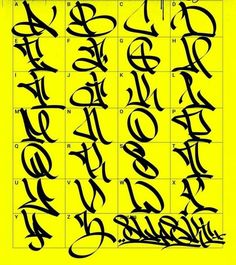 some type of calligraphy that is written in black ink on a yellow background with the letters