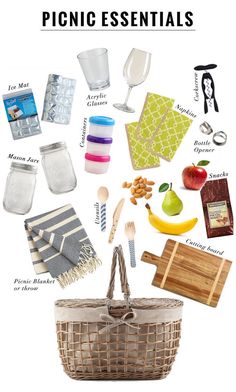 an image of picnic essentials in the shape of a basket with utensils