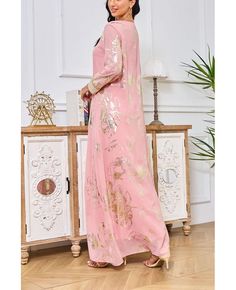 Get 10% off now! Buy pink with gold pattern muslim fashion dress for women at cheap price online. Free stable shipping and pro custom service since 2009. Luxury Pink Maxi Dress For Eid, Pink Long Sleeve Maxi Dress For Festive Occasions, Gold Abaya For Festive Eid Occasions, Festive Gold Abaya For Eid, Gold Maxi Length Dress For Eid, Gold Long Sleeve Abaya For Festive Occasion, Pink Maxi Dress For Eid Festivities, Gold Maxi Dress For Eid Party, Luxury Elegant Pink Thobe