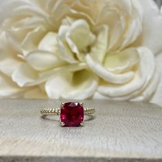 🐕 Big deals! Cushion Cut Engagement Ring / Red Ruby Wedding Solitaire / Tulip Head Ladies Solitaire / 14k Yellow Gold / #6216 only at $455.00 Hurry. #RubyRing #WeddingRing #BirthdayGift #AnniversaryGift #CushionCutRing #BridalGift #EngagementRing #JulyBirthstone #LadiesRing #TulipHeadRing Cushion Cut Ruby Ring With Diamond Accent Stones, Elegant Cushion Cut Ruby Ring, Classic Asscher Cut Ruby Ring, Fine Jewelry Ruby Ring With Cushion Cut Center Stone, Cushion Cut Ruby Ring Fine Jewelry, Fine Jewelry Ruby Ring With Cushion Cut, Ruby Ring With Cushion Cut Diamond For Anniversary, Red Radiant Cut Ring With Center Stone, Cushion Cut Ruby Ring With Diamond For Anniversary