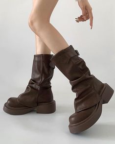 These stylish slouchy leather boots feature a soft, relaxed construction with a comfortable platform sole and buckle strap detailing at the side Material: Vegan Leather Run small, please review the sizing information Brown Slouchy Boots, Foldover Boots, Sketchers Boots, Slouchy Leather Boots, Leather Platform Boots, Tabi Boots, Slouch Boots, Tabi Shoes, Slouchy Boots