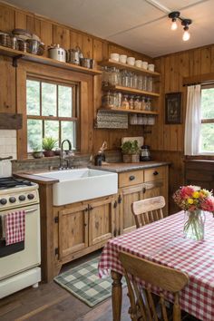 a kitchen with wood paneling and an old fashioned stove top oven in the center